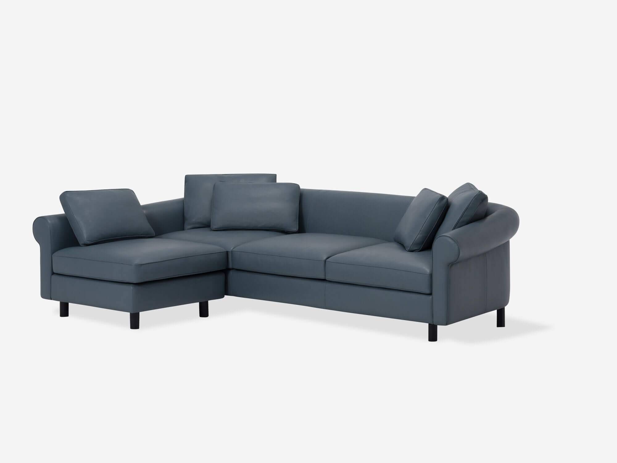 Angle view of blue leather left hand facing sectional sofa